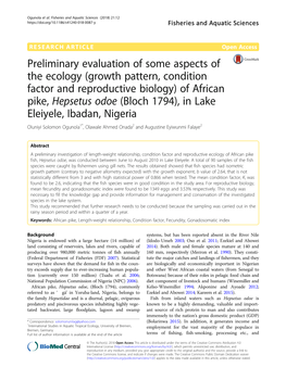 Preliminary Evaluation of Some Aspects of the Ecology (Growth Pattern, Condition Factor and Reproductive Biology) of African