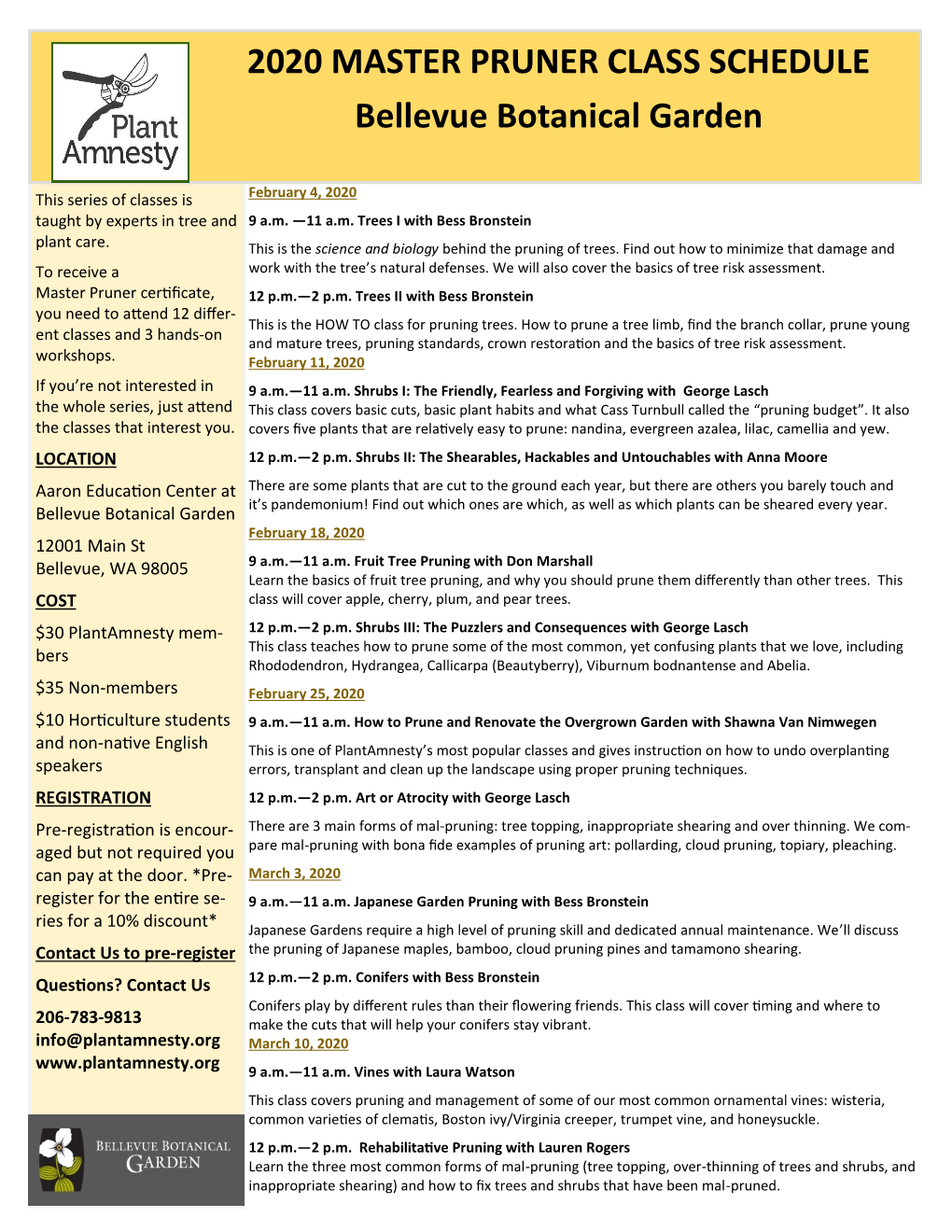 2020 MASTER PRUNER CLASS SCHEDULE Bellevue Botanical Garden