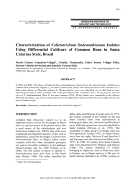 Characterization of Colletotrichum Lindemuthianum Isolates Using Differential Cultivars of Common Bean in Santa Catarina State, Brazil