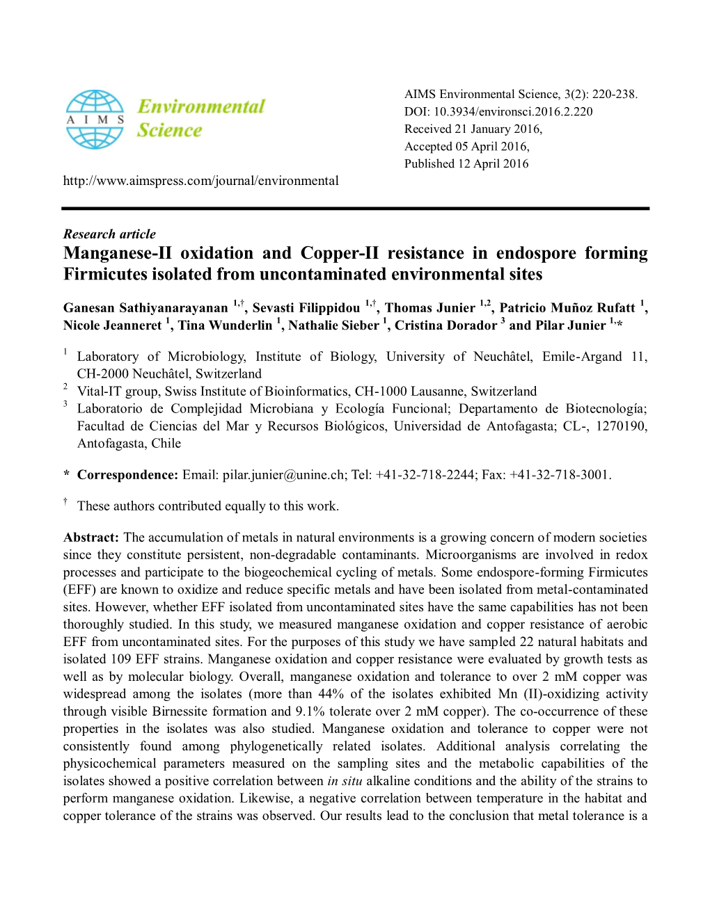 Manganese-II Oxidation and Copper-II Resistance in Endospore Forming Firmicutes Isolated from Uncontaminated Environmental Sites