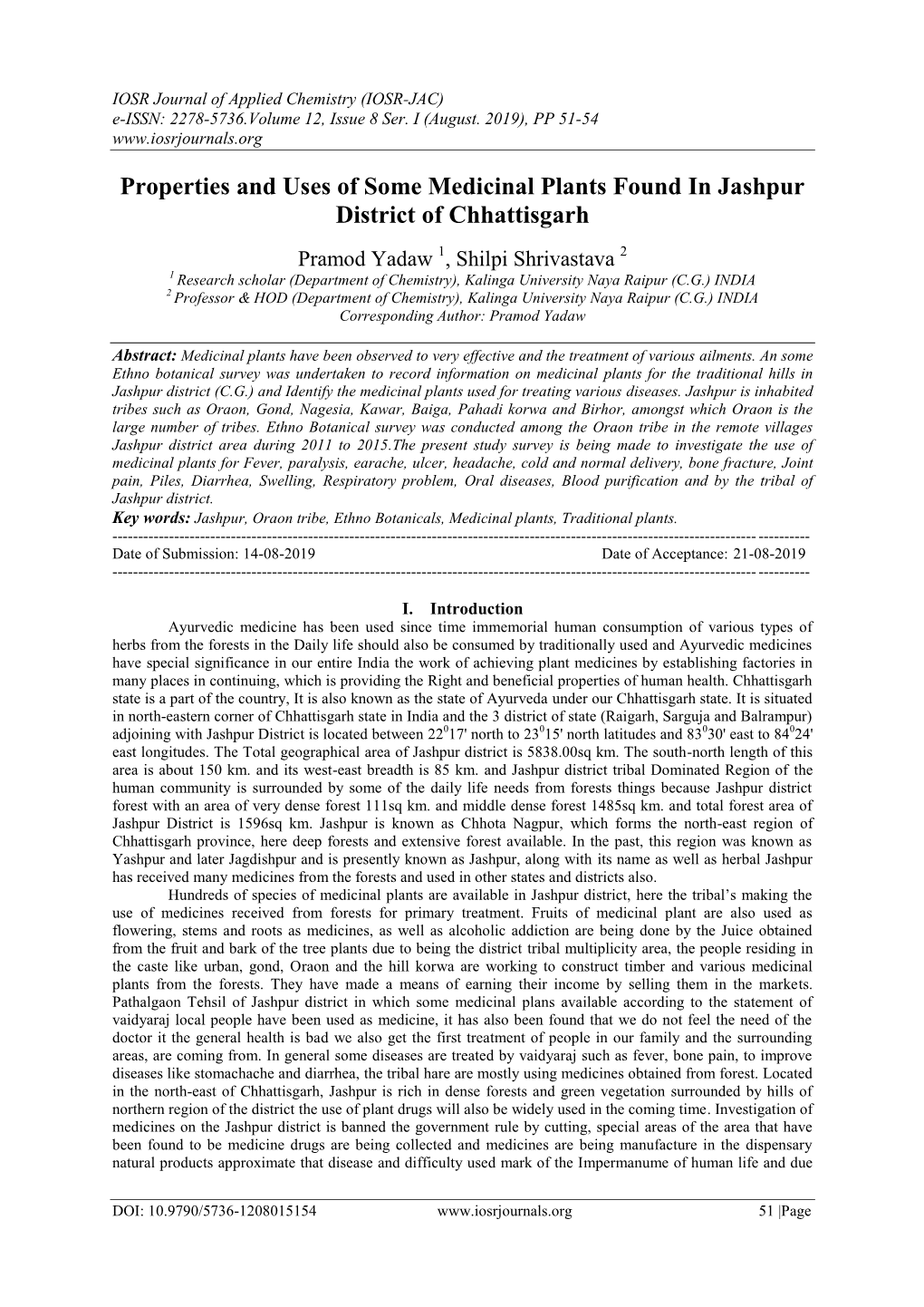 Properties and Uses of Some Medicinal Plants Found in Jashpur District of Chhattisgarh