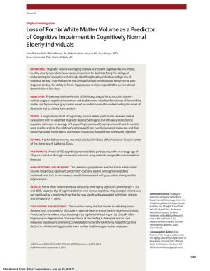Loss of Fornix White Matter Volume As a Predictor of Cognitive Impairment in Cognitively Normal Elderly Individuals