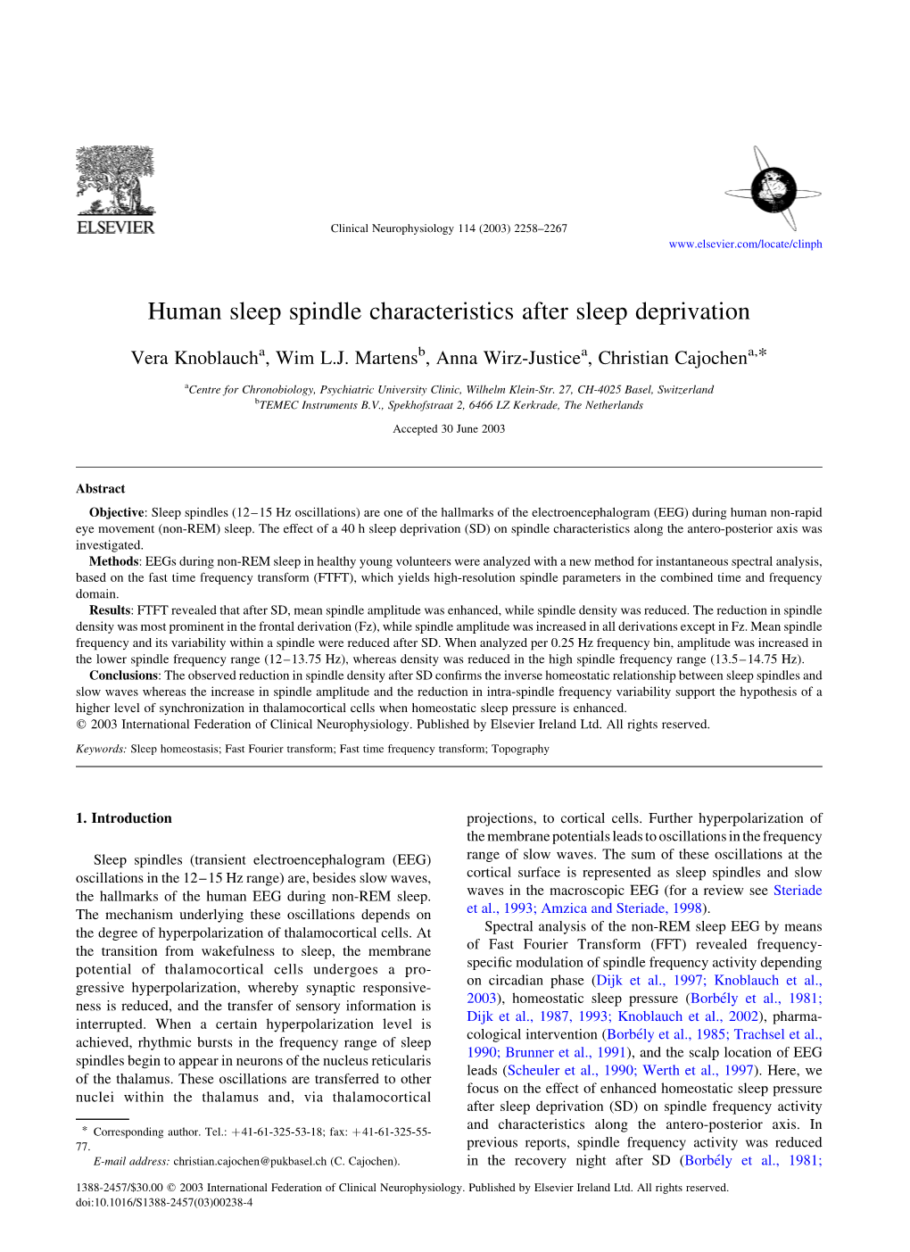 Human Sleep Spindle Characteristics After Sleep Deprivation