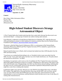 High-School Student Discovers Strange Astronomical Object National Radio Astronomy Observatory P.O