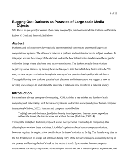 Bugging Out: Darknets As Parasites of Large-Scale Media Objects NB: This Is an Pre-Proofed Version of an Essay Accepted for Publication in Media, Culture, and Society