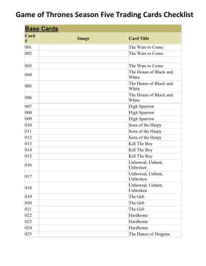 Game of Thrones Season Five Trading Cards Checklist