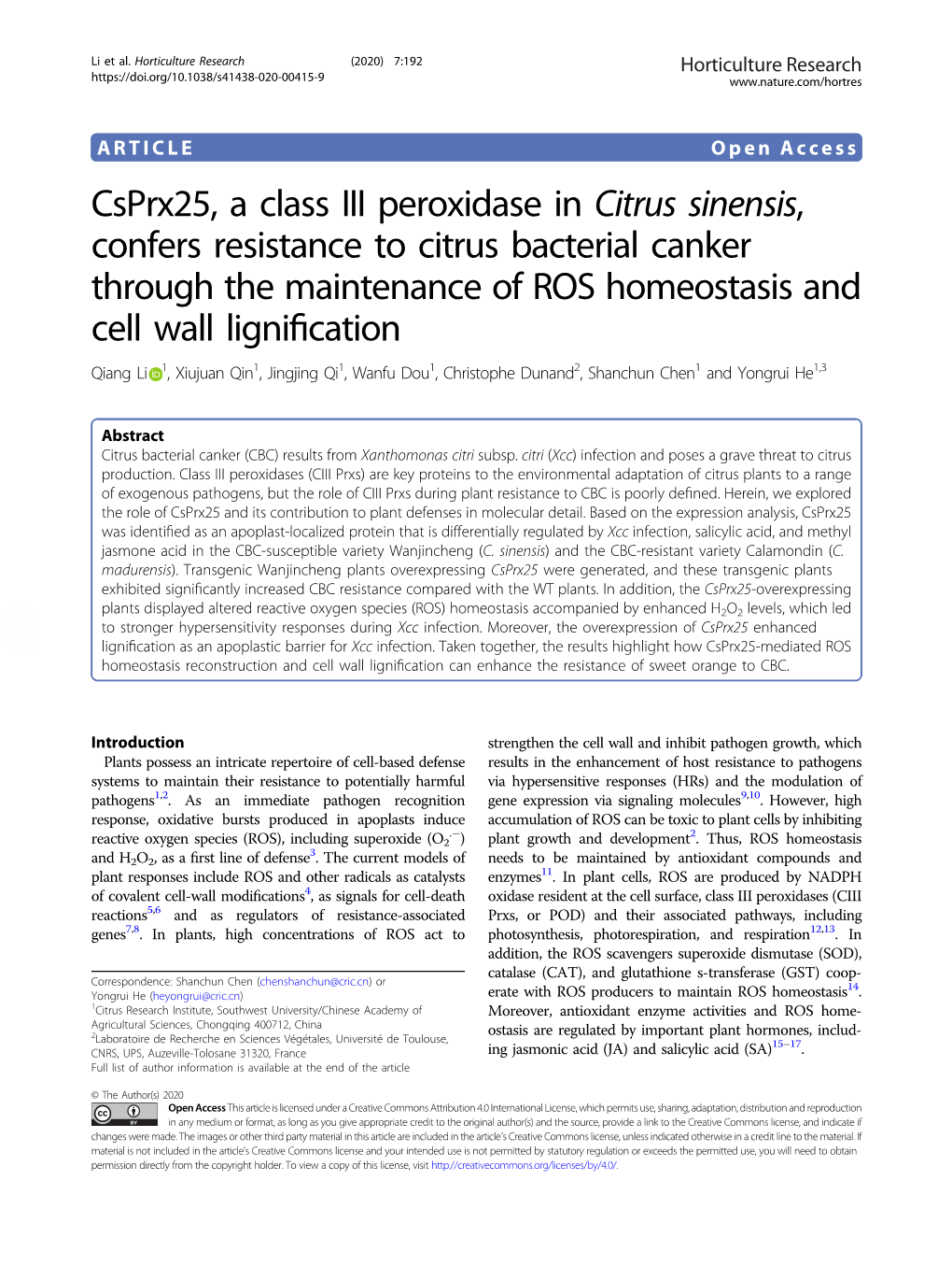 Csprx25, a Class III Peroxidase in Citrus Sinensis, Confers Resistance