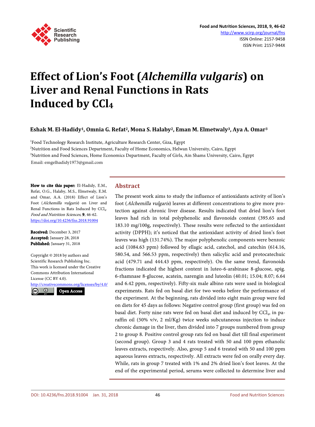 Alchemilla Vulgaris) on Liver and Renal Functions in Rats Induced by Ccl4