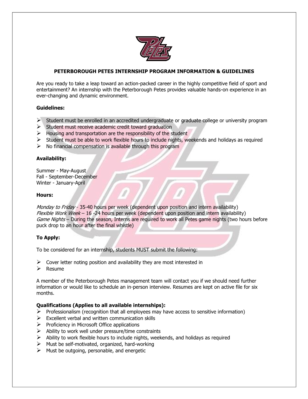 PETERBOROUGH PETES INTERNSHIP PROGRAM INFORMATION & GUIDELINES Are You Ready to Take a Leap Toward an Action-Packed Career I