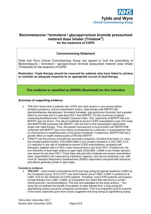 Beclometasone / Formoterol / Glycopyrronium Bromide Pressurised Metered Dose Inhaler (Trimbow®) for the Treatment of COPD