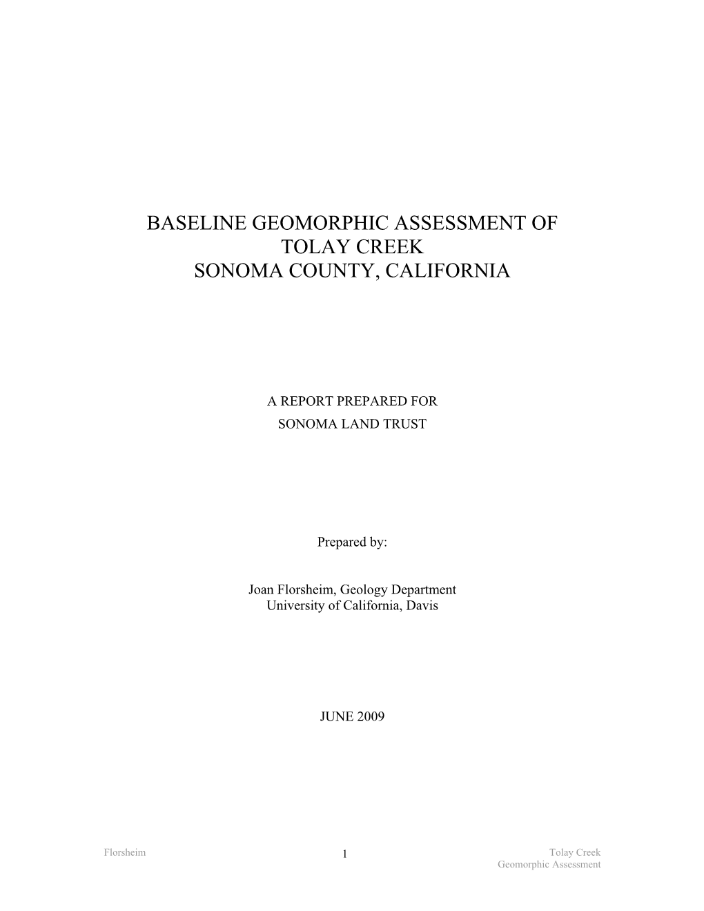 Baseline Geomorphic Assessment of Tolay Creek, Sonoma, California