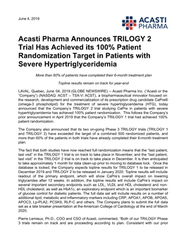 Acasti Pharma Announces TRILOGY 2 Trial Has Achieved Its 100% Patient Randomization Target in Patients with Severe Hypertriglyceridemia