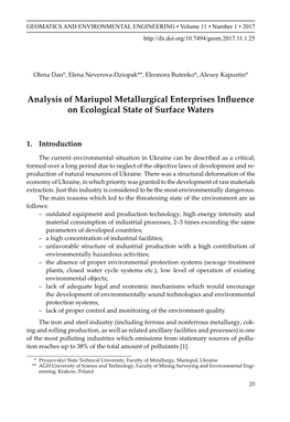 Analysis of Mariupol Metallurgical Enterprises Influence on Ecological State of Surface Waters