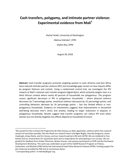 Cash Transfers, Polygamy, and Intimate Partner Violence: Experimental Evidence from Mali1