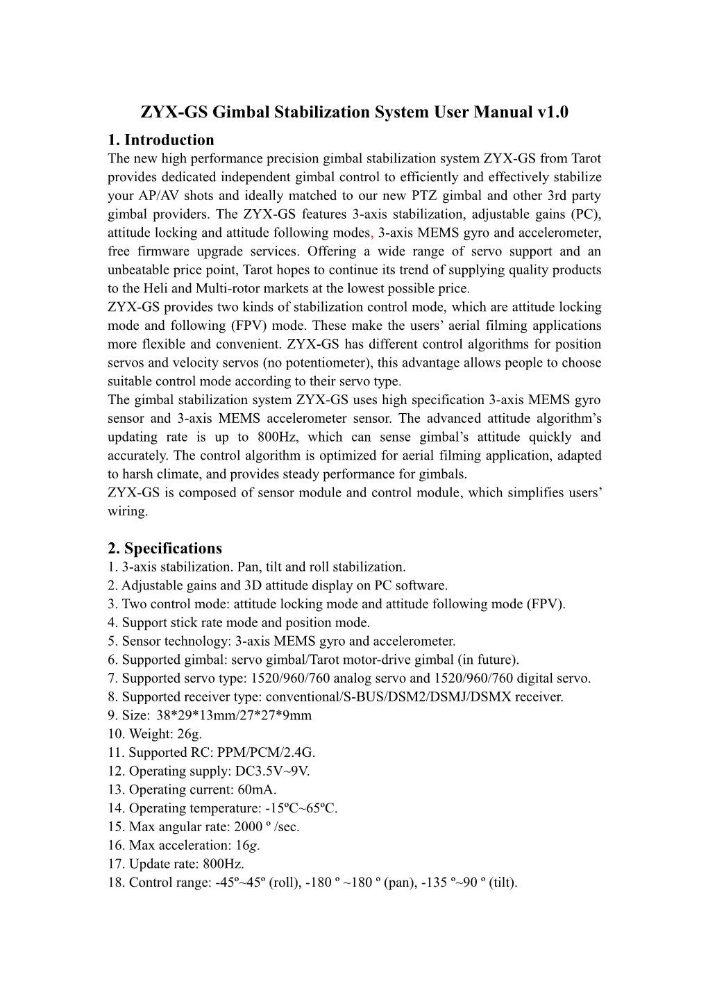 ZYX-GS Gimbal Stabilization System User Manual V1.0