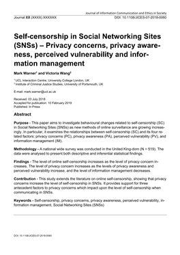 Self-Censorship in Social Networking Sites (Snss) – Privacy Concerns, Privacy Aware- Ness, Perceived Vulnerability and Infor- Mation Management