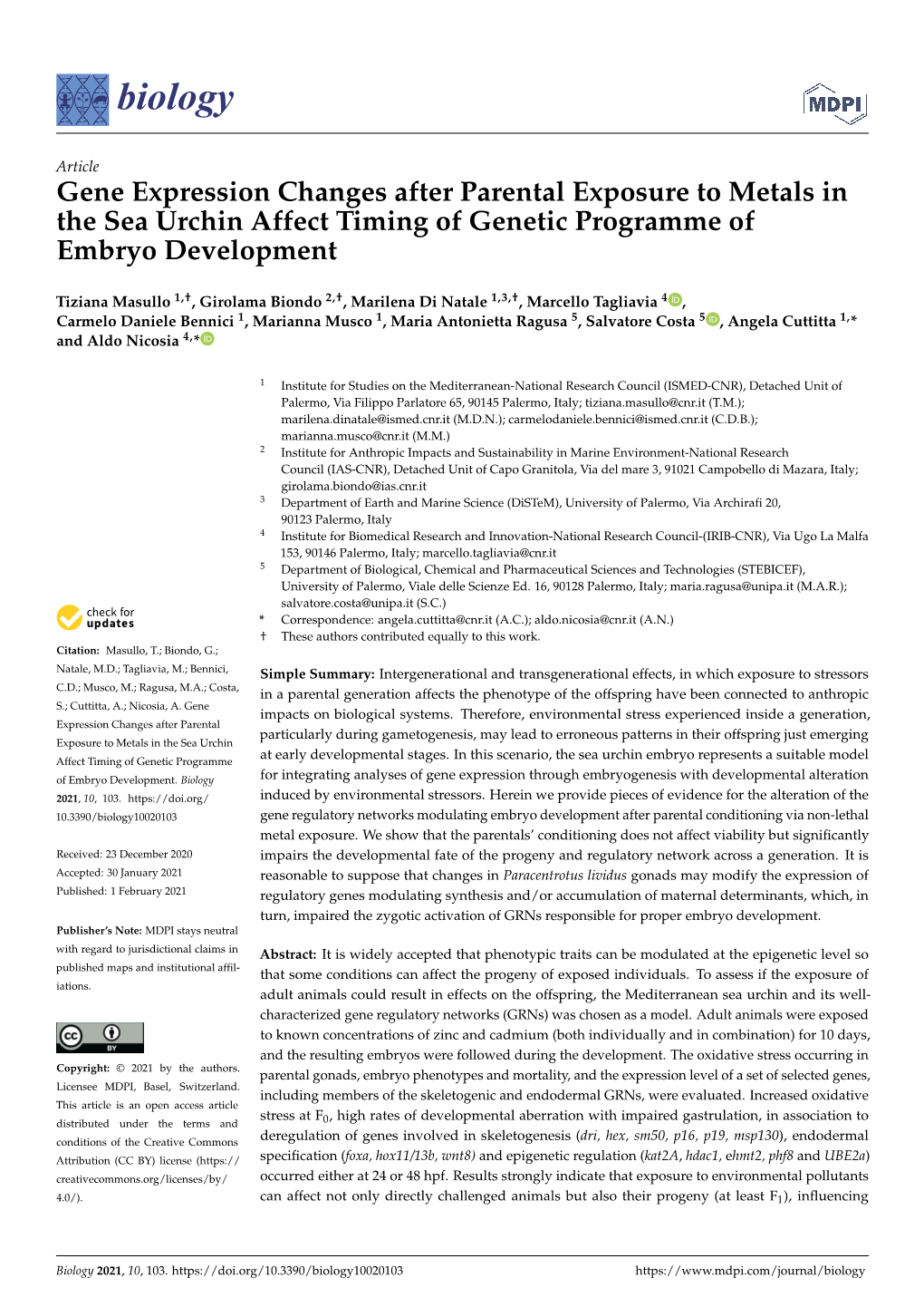 Gene Expression Changes After Parental Exposure to Metals in the Sea Urchin Affect Timing of Genetic Programme of Embryo Development