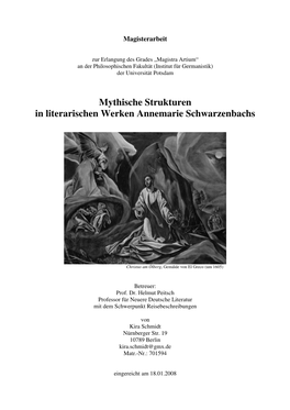 Mythische Strukturen in Literarischen Werken Annemarie Schwarzenbachs