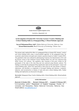 Corresponding Author: Department of English Language, Faculty of Literature and Humanities, Hakim Sabzevari University, Sabzevar