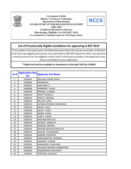 List of Provisionally Eligible Candidates for Appearing in BET-2015