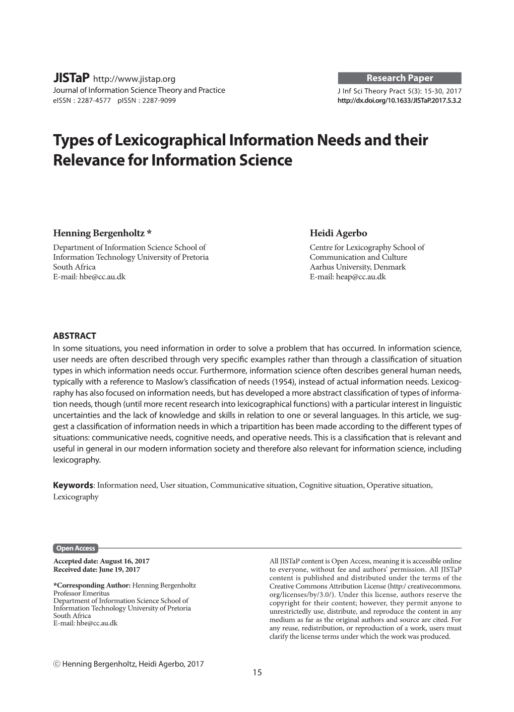 Types of Lexicographical Information Needs and Their Relevance for Information Science