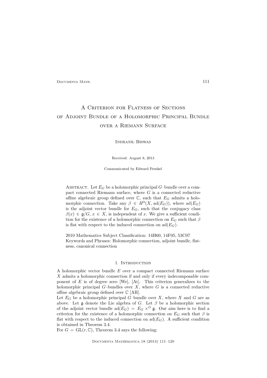 A Criterion for Flatness of Sections of Adjoint Bundle of a Holomorphic Principal Bundle Over a Riemann Surface