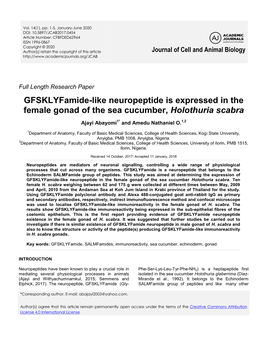 Gfsklyfamide-Like Neuropeptide Is Expressed in the Female Gonad of the Sea Cucumber, Holothuria Scabra