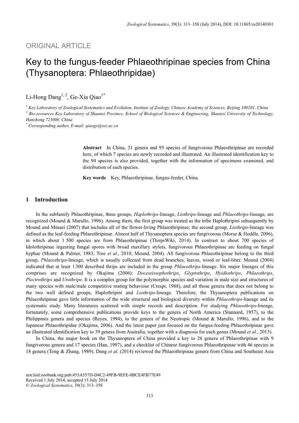 Key to the Fungus-Feeder Phlaeothripinae Species from China (Thysanoptera: Phlaeothripidae)