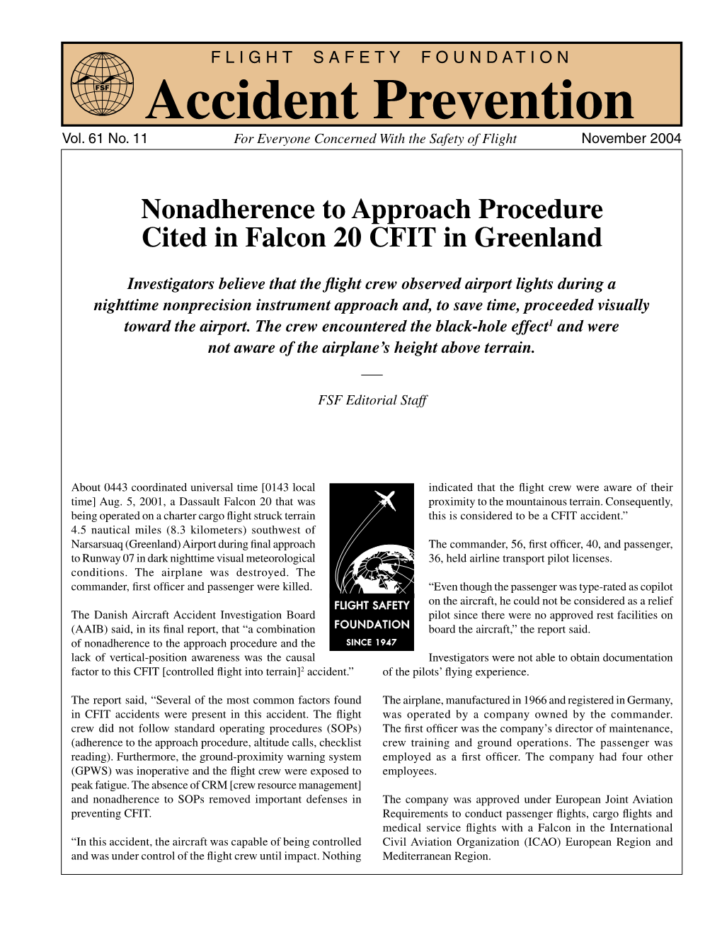 Nonadherence to Approach Procedure Cited in Falcon 20 CFIT in Greenland