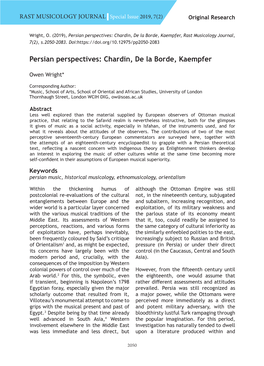 Persian Perspectives: Chardin, De La Borde, Kaempfer, Rast Musicology Journal, 7(2), S.2050-2083
