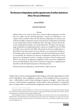 The Discourse of Dependency and the Agrarian Roots of Welfare Doctrines in Africa: the Case of Botswana1