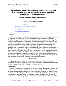 Podcasting As Faculty Development Medium and Method: the Story of a Podcast Series Showcasing Teaching Excellence in Higher Education Julie A