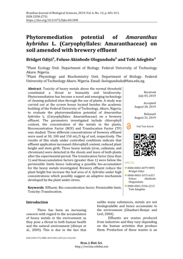 Phytoremediation Potential of Amaranthus Hybridus L. (Caryophyllales: Amaranthaceae) on Soil Amended with Brewery Effluent