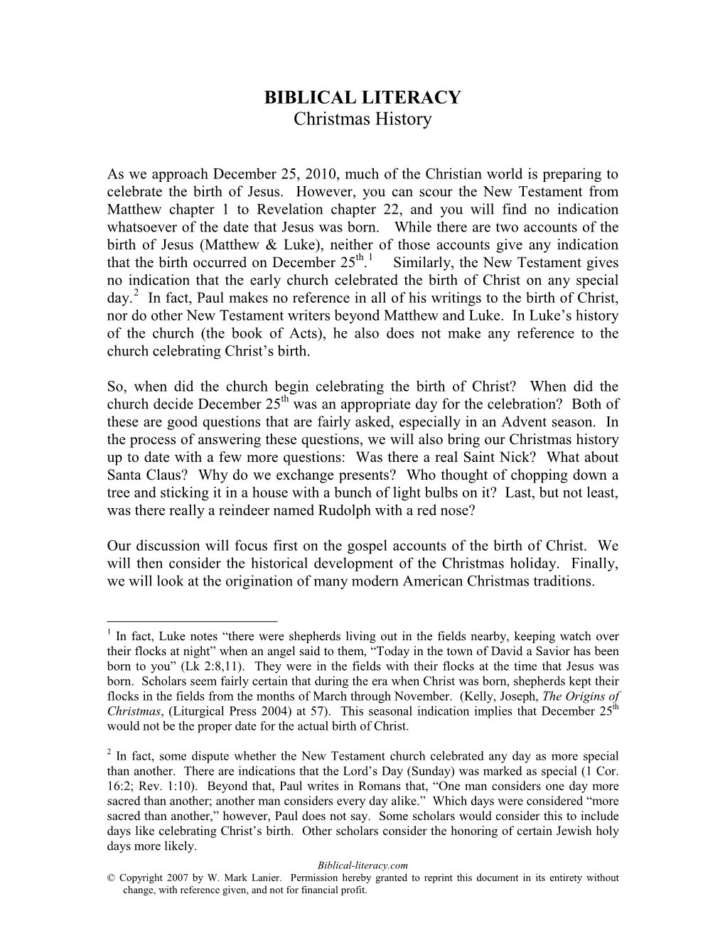 BIBLICAL LITERACY Christmas History