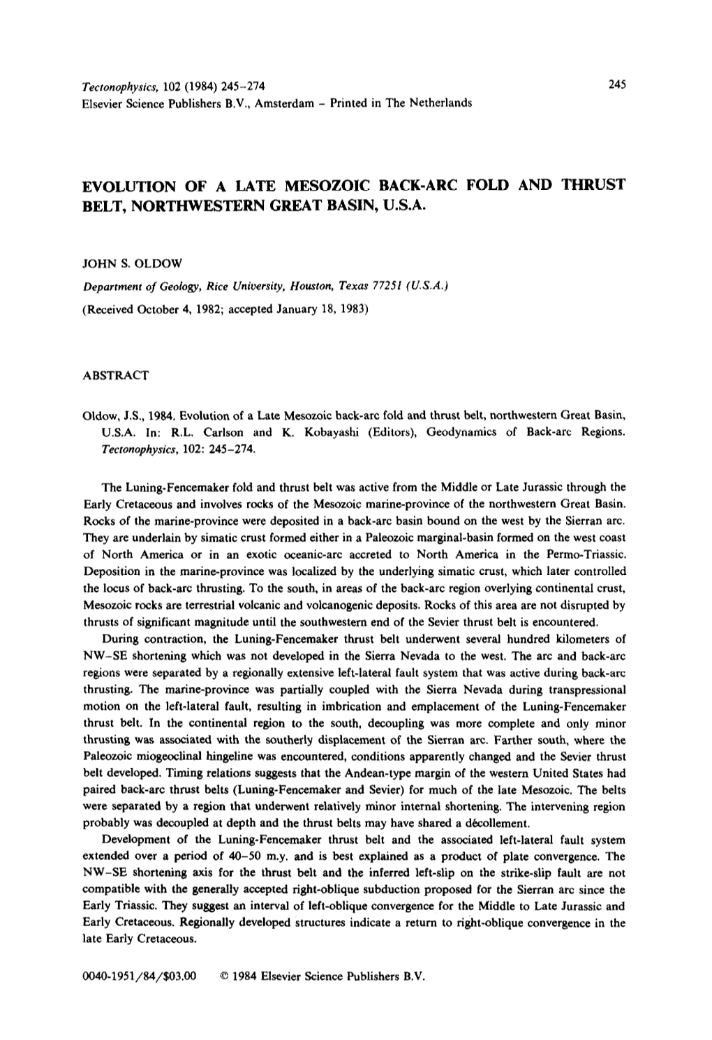 Evolution of a Late Mesozoic Back-Arc Fold and Thrust Belt, Northwestern Great Basin, U.S.A