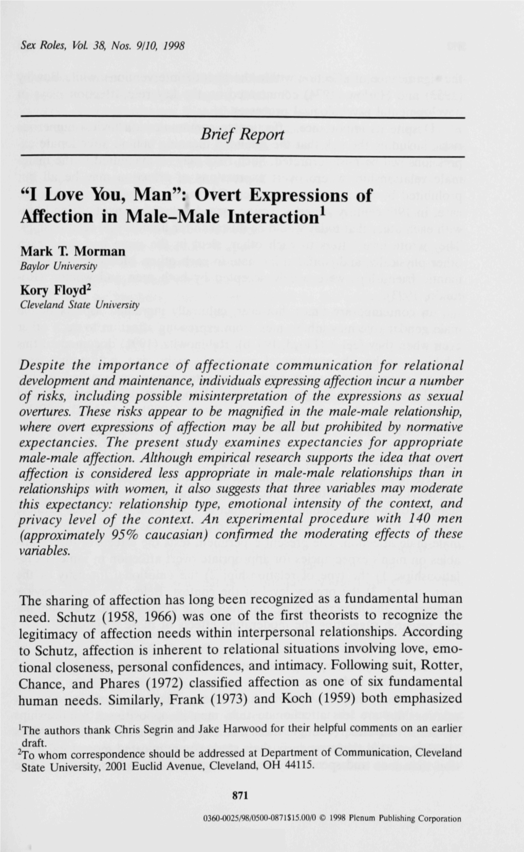 "I Love You, Man": Overt Expressions of Affection in Male-Male Interaction^