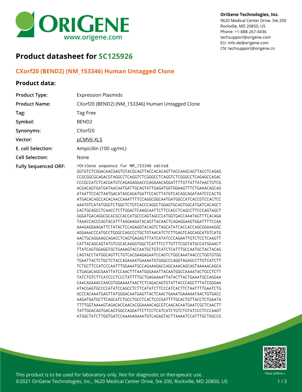 Cxorf20 (BEND2) (NM 153346) Human Untagged Clone Product Data