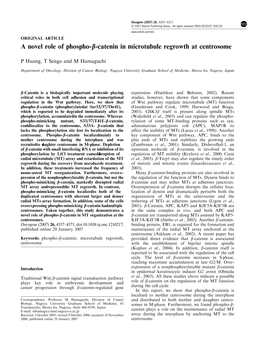 A Novel Role of Phospho-B-Catenin in Microtubule Regrowth at Centrosome