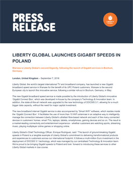 Liberty Global Launches Gigabit Speeds in Poland