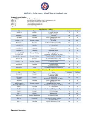 2020-2021 Shelby County Schools' Instructional Calendar