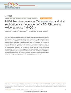 HIV-1 Rev Downregulates Tat Expression and Viral Replication Via Modulation of NAD(P)H:Quinine Oxidoreductase 1 (NQO1)