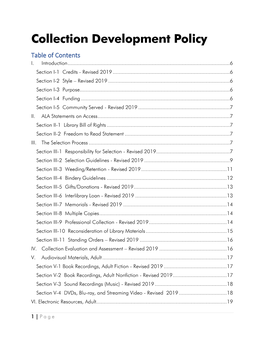 Collection Development Policy Table of Contents I