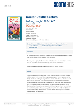 Doctor Dolittle's Return Lofting, Hugh,1886-1947