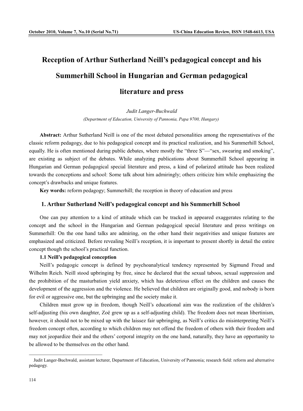 Reception of Arthur Sutherland Neill's Pedagogical Concept and His