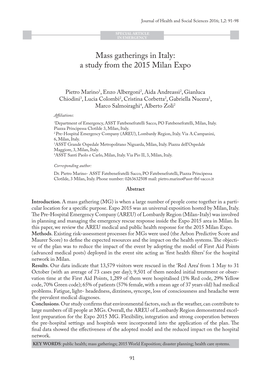 Mass Gatherings in Italy: a Study from the 2015 Milan Expo