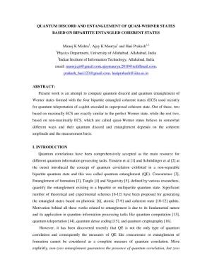 Quantum Discord and Entanglement of Quasi-Werner States Based on Bipartite Entangled Coherent States