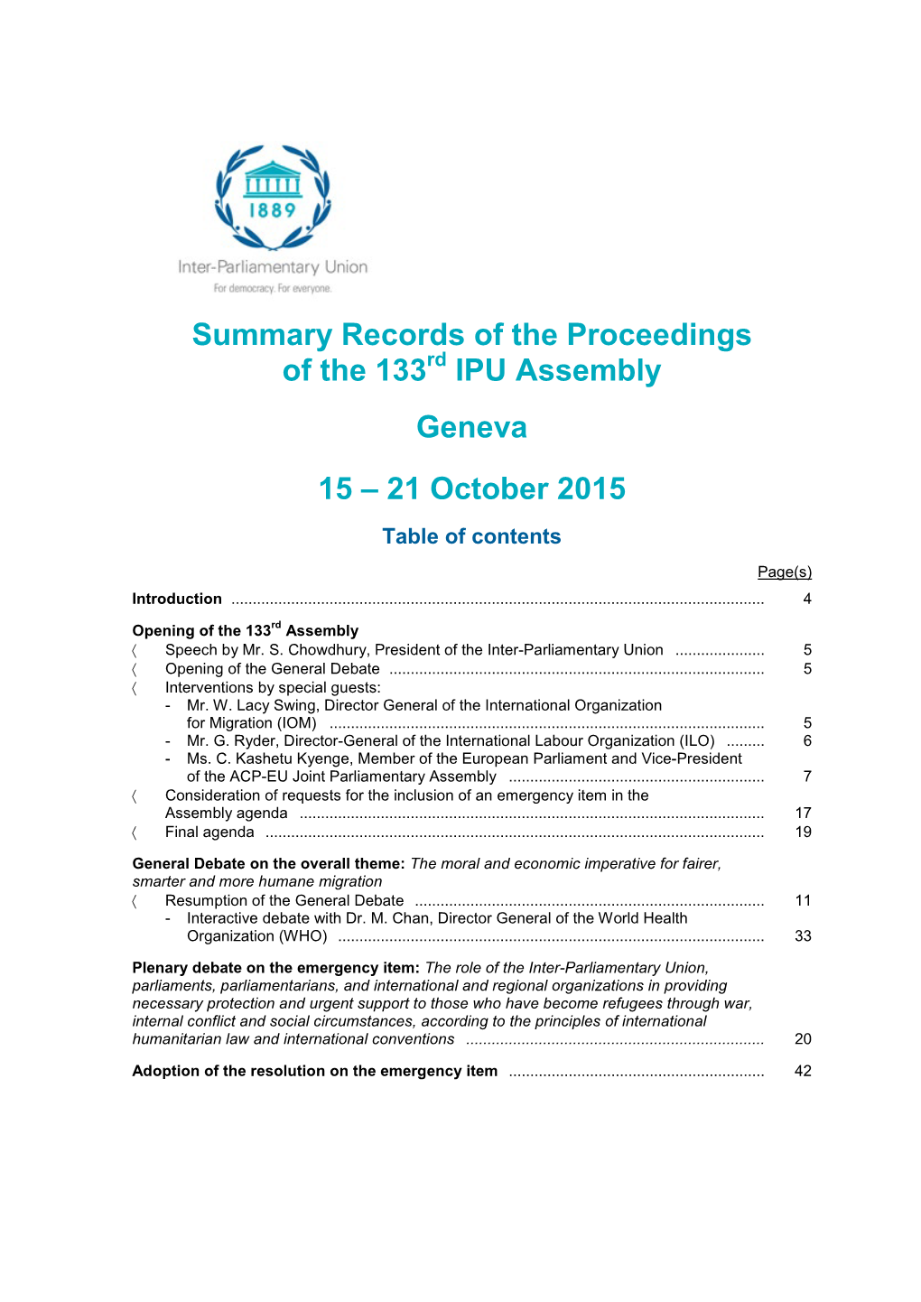 Summary Records of the Proceedings of the 133Rd IPU Assembly