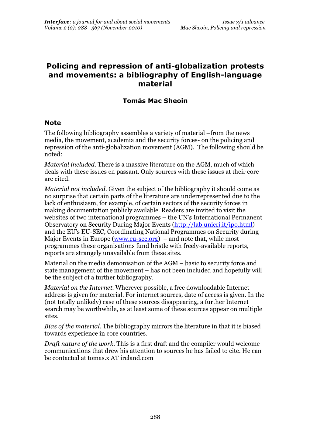 Policing and Repression of Anti-Globalization Protests and Movements: a Bibliography of English-Language Material