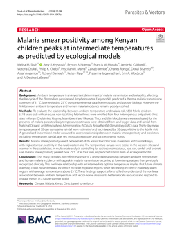 Malaria Smear Positivity Among Kenyan Children Peaks at Intermediate Temperatures As Predicted by Ecological Models Melisa M