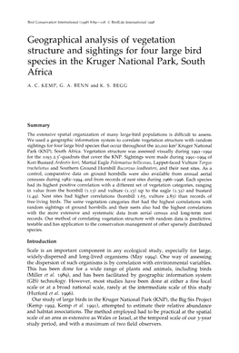Geographical Analysis of Vegetation Structure and Sightings for Four Large Bird Species in the Kruger National Park, South Africa